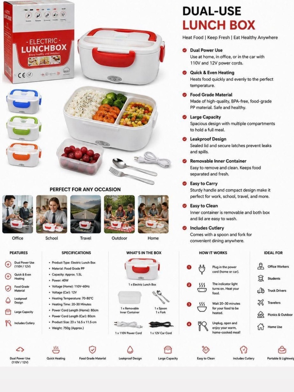 Electric Dual-Use Lunch Box – White with Red Accents